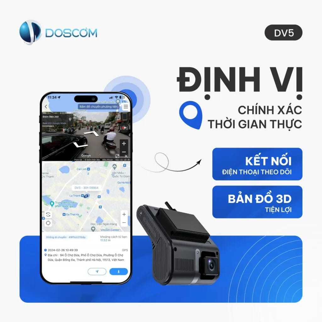 Màn hình ứng dụng hiển thị định vị thời gian thực của xe qua camera hành trình 4G