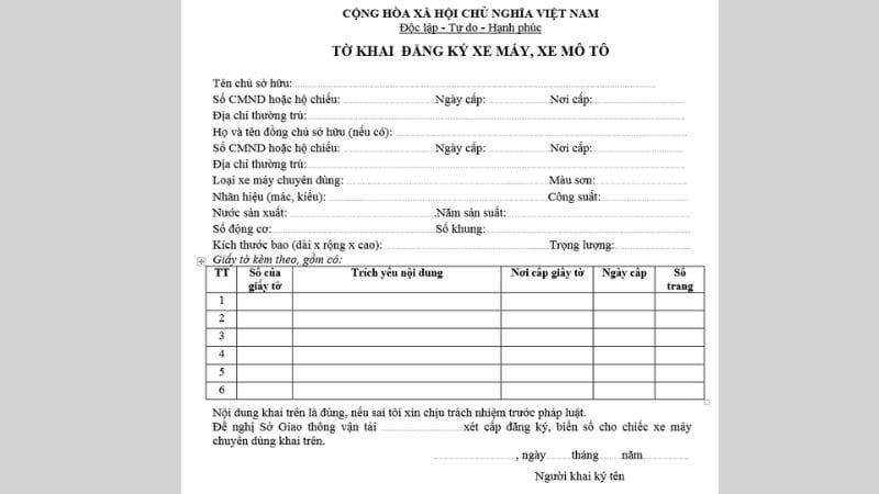 Mẫu giấy khai đăng ký xe máy để làm thủ tục đổi màu sơn xe