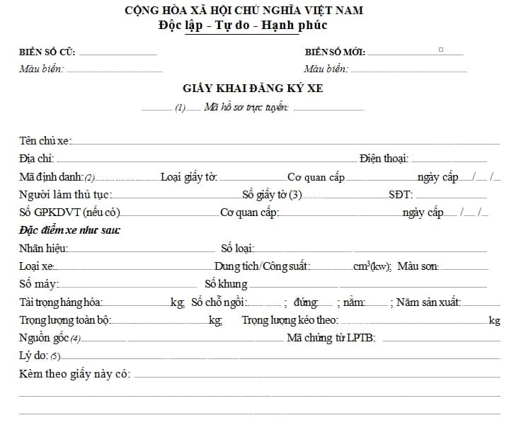Mẫu giấy khai đăng ký xe mới nhất, cần thiết khi cấp đổi biển số 41 hoặc các loại khác.