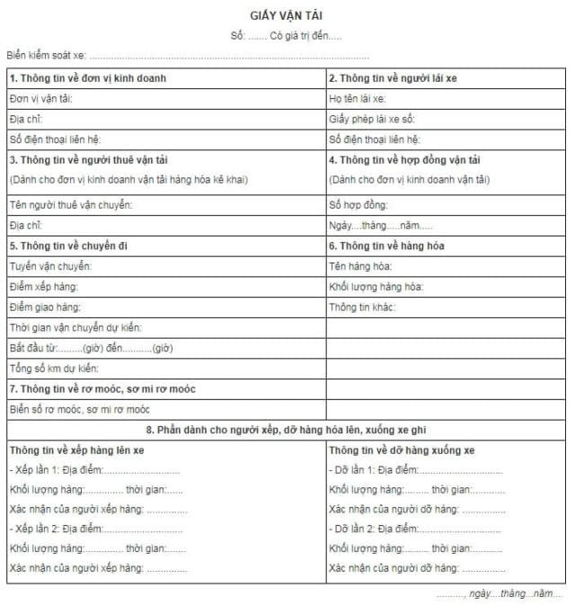 Mẫu giấy vận tải hàng hóa theo quy định pháp luật cho xe tải.
