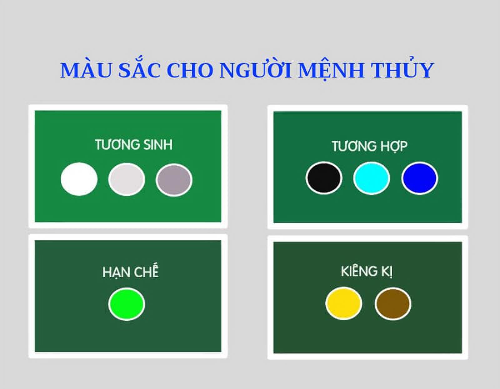 Màu sắc phong thủy cho người mệnh Thủy tuổi Quý Hợi 1983, tránh các màu vàng, nâu, đỏ, cam, hồng, tím để giữ vận khí tốt.