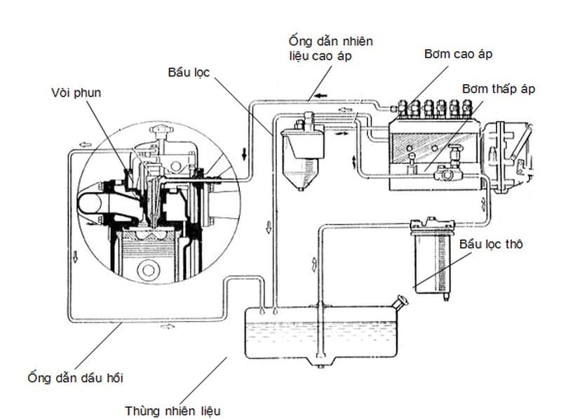 Minh họa cấu tạo chi tiết các bộ phận chính trong hệ thống nhiên liệu của động cơ diesel