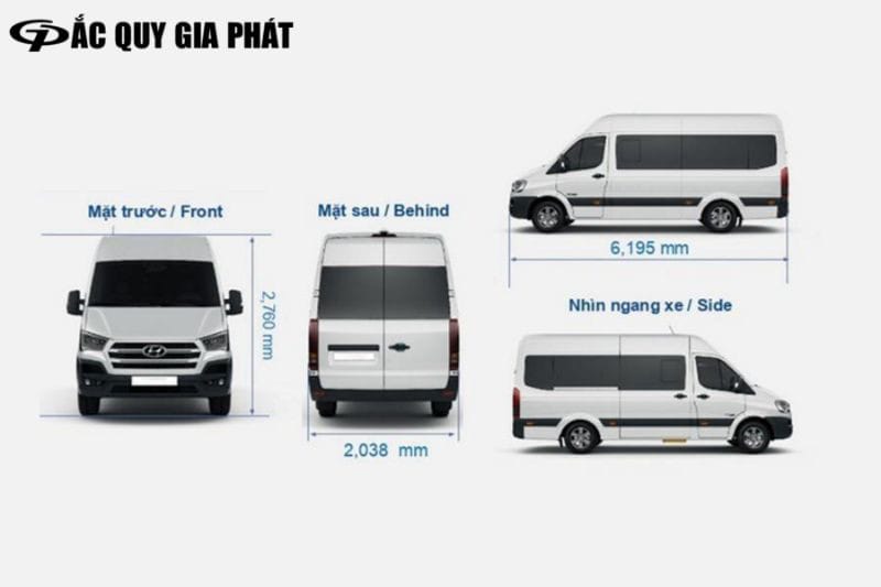 Minh họa chi tiết các thông số kích thước cơ bản của xe 16 chỗ