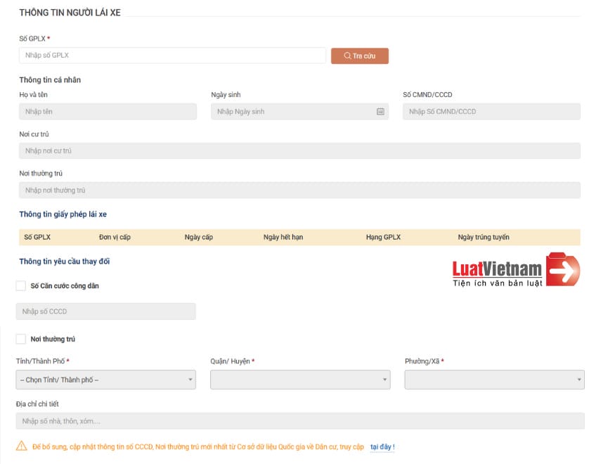 Mục điền thông tin người lái xe khi đổi GPLX online