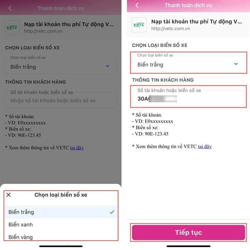 Nhập biển số xe hoặc mã khách hàng để nạp tiền VETC qua MoMo