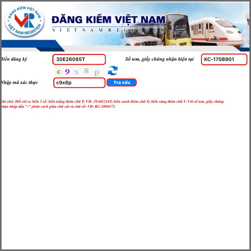 Nhập đầy đủ biển số xe, số tem và giấy chứng nhận kiểm định