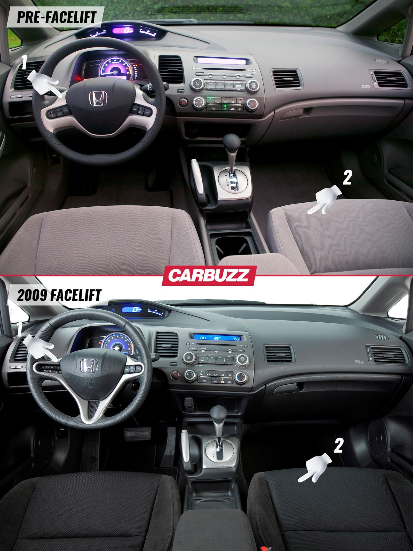 Nội thất Honda Civic Gen 8 với vô lăng 3 chấu và bố trí nút bấm cải tiến