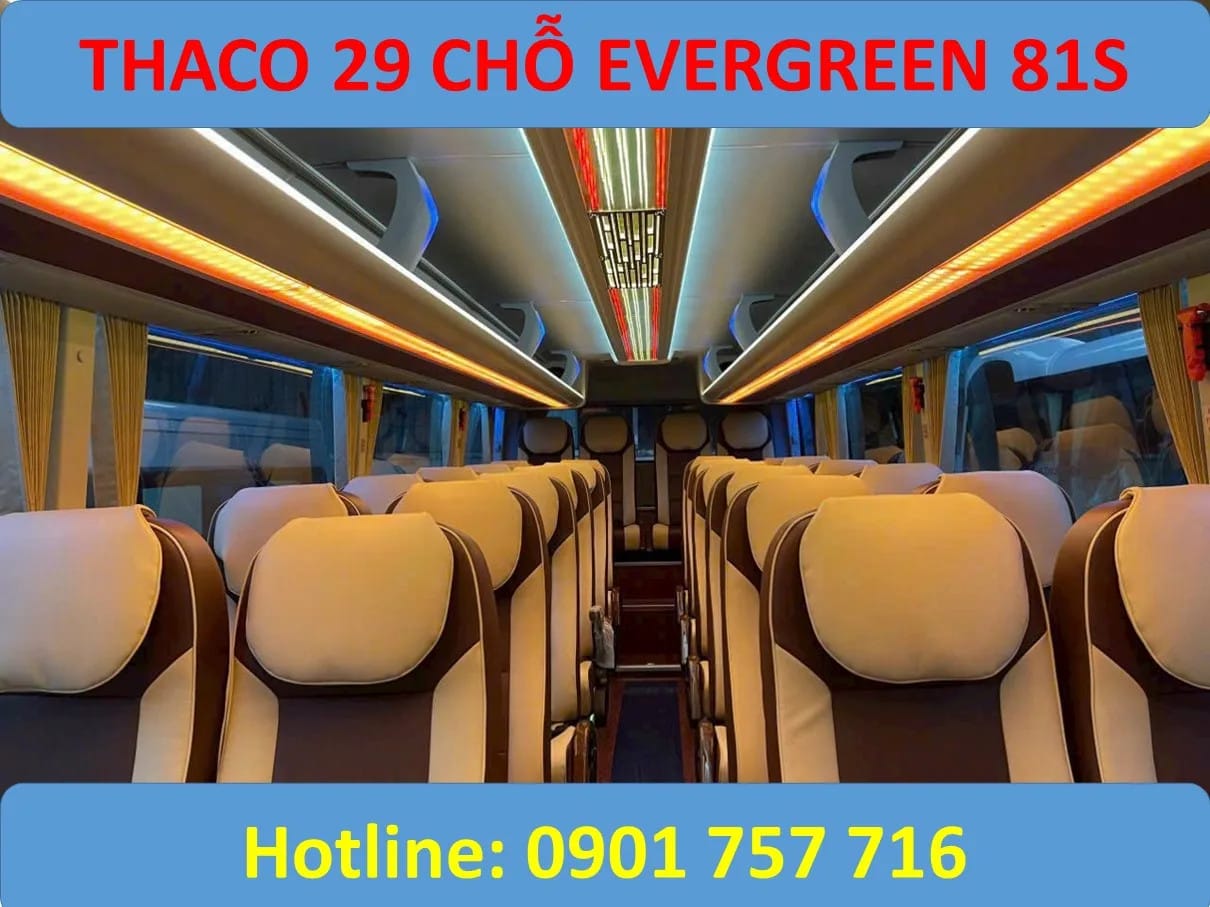 Nội thất sang trọng của Thaco 29 chỗ Evergreen TB81S với ghế da cao cấp