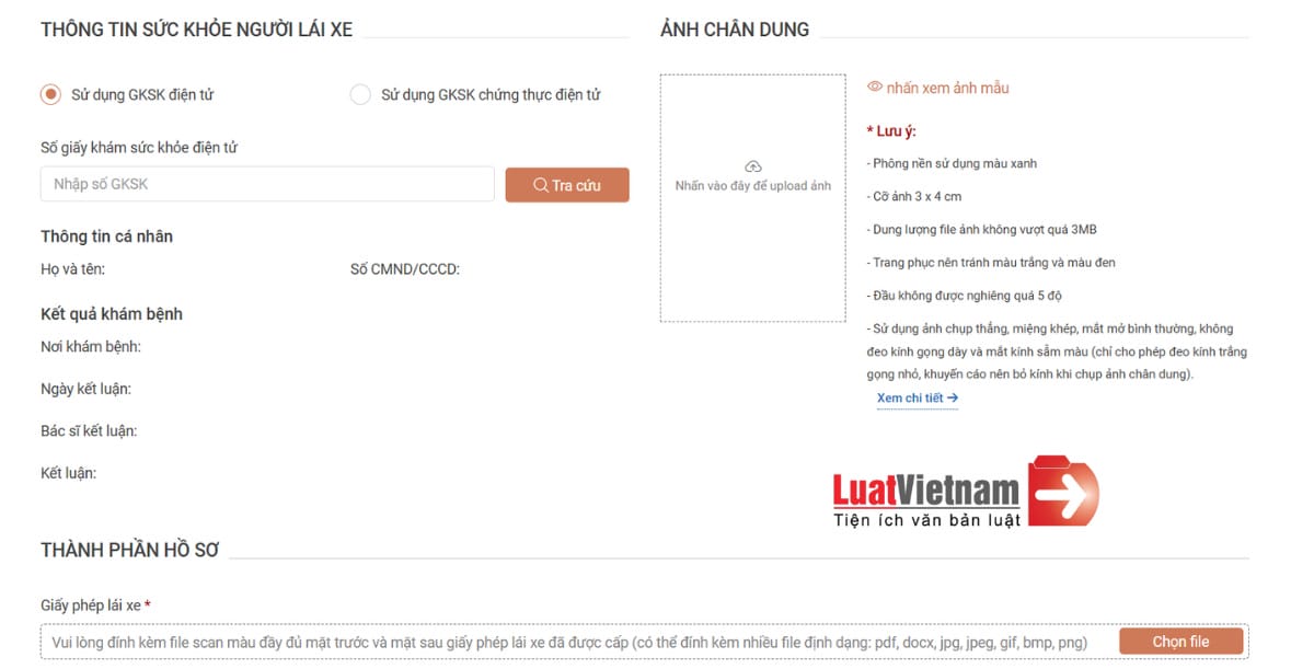 Phần cập nhật thông tin sức khỏe khi đổi GPLX trực tuyến