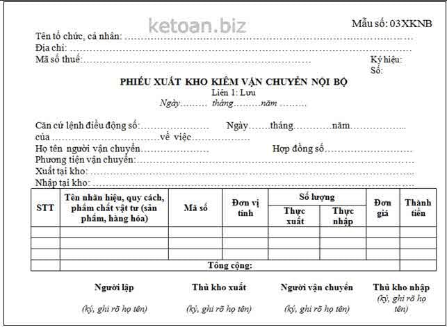 Phiếu xuất kho kiêm vận chuyển hàng hóa nội bộ cần thiết cho xe tải.