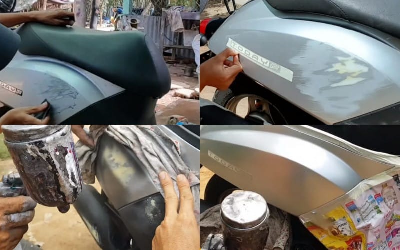 Quy trình sơn lại một phần xe máy bị trầy xước tại nhà, bao gồm việc che chắn và phun sơn mới