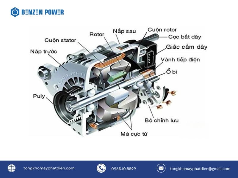 Sơ đồ cấu tạo chi tiết của máy phát điện, minh họa các bộ phận chính như động cơ, đầu phát, bình nhiên liệu.