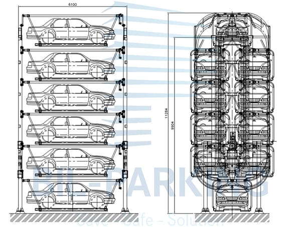 Sơ đồ hệ thống đỗ xe tự động xoay vòng đứng 10 chỗ để xe Sedan