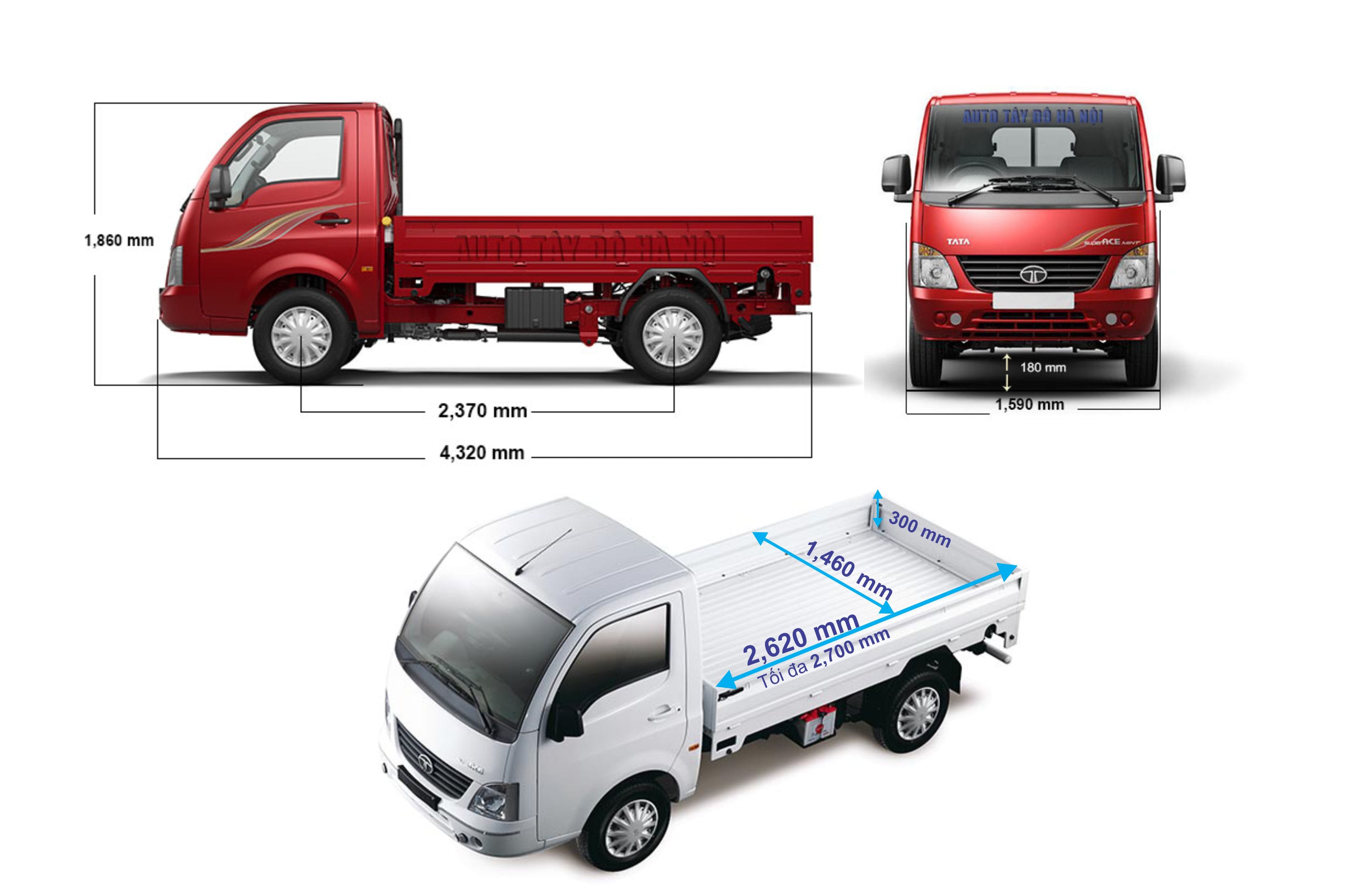 Sơ đồ kích thước tổng thể của xe tải Tata Super Ace minh họa chi tiết