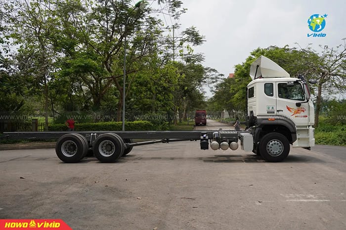 Sơ đồ minh họa các bộ phận chính của một chiếc xe tải với các nhãn chú thích bằng tiếng Anh.