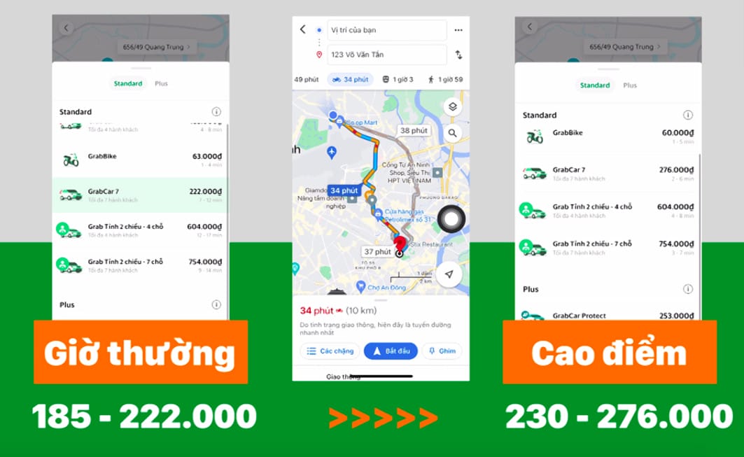 So sánh giá GrabCar 4 chỗ và 7 chỗ vào giờ cao điểm