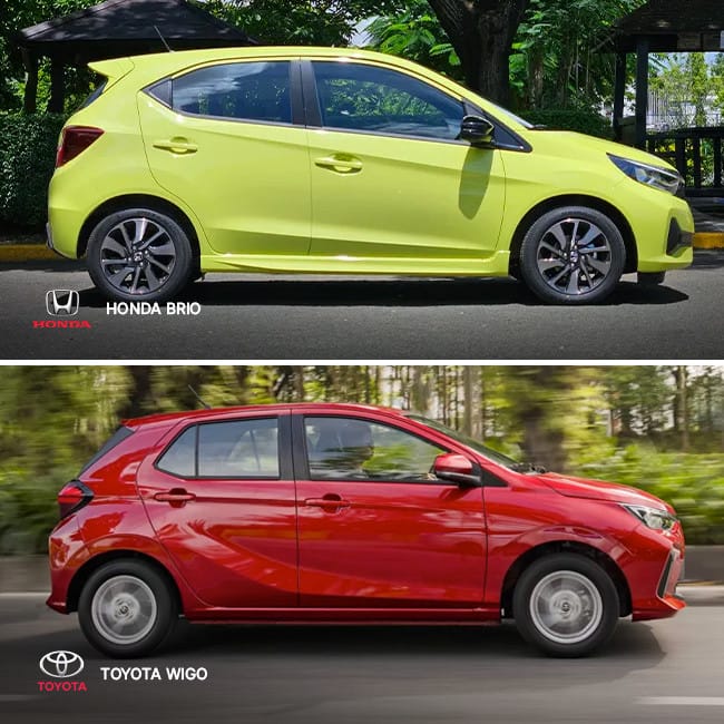 So sánh góc nhìn ngang thân xe của Honda Brio và Toyota Wigo, làm nổi bật sự khác biệt về chiều dài và đường nét thiết kế.