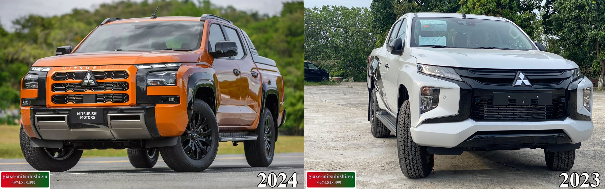 So sánh thiết kế đầu xe Mitsubishi Triton 2025 (trái) và Triton 2023 (phải)