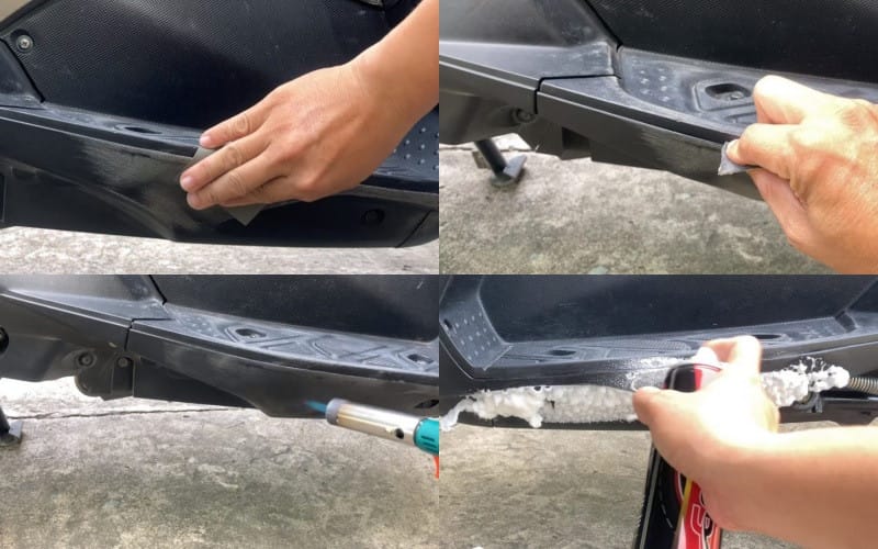 Sử dụng giấy nhám để mài nhẹ vết xước trên bề mặt nhựa nhám của xe máy, một phương pháp hiệu quả để xử lý vết xước