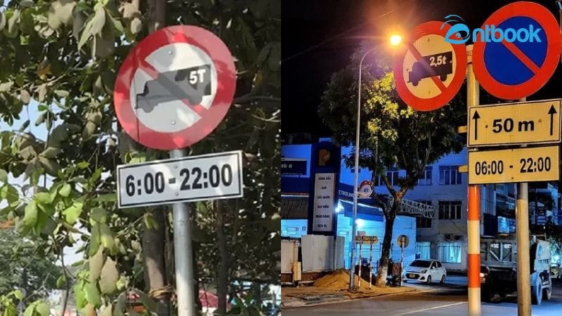 Tài xế xe tải quan sát biển báo cấm xe tải 2.5 tấn và biển phụ