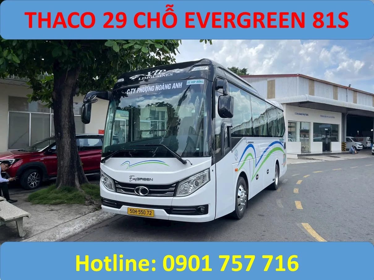 Thân xe Thaco 29 chỗ nhìn từ bên hông, nổi bật cửa khoang hành lý lớn