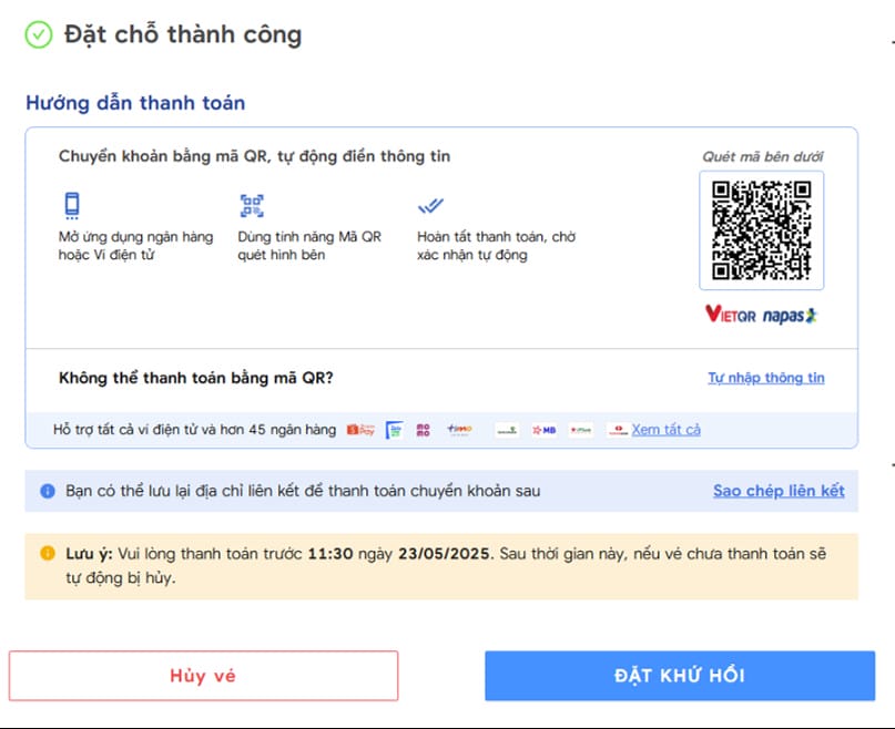 Thông báo đặt xe đi Hồ Tràm thành công