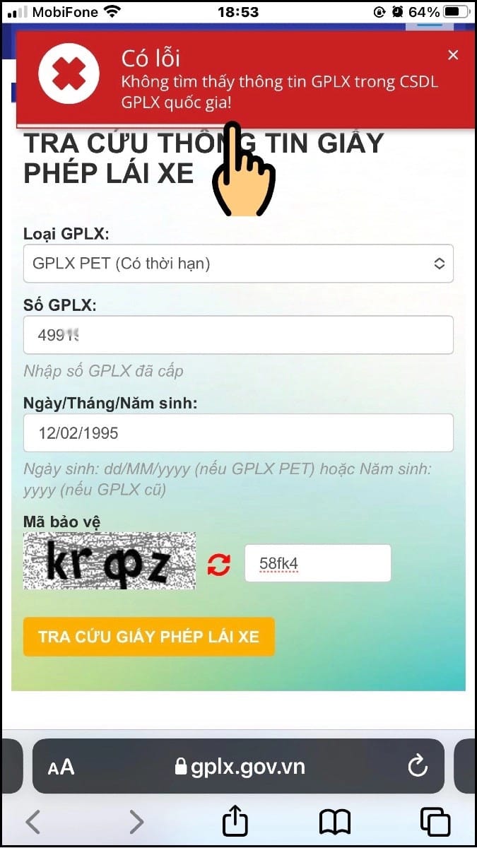Thông báo không tìm thấy giấy phép lái xe khi thực hiện kiểm tra online