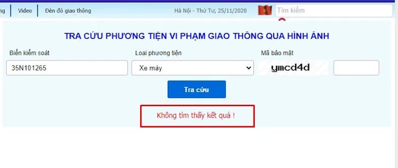 Thông báo không tìm thấy kết quả khi xe ô tô không vi phạm