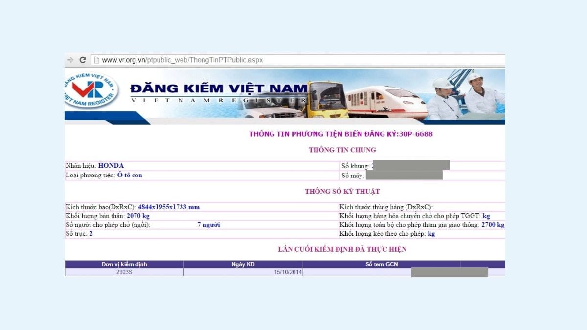 Tra cứu biển số xe Bạc Liêu online bước 3: Màn hình hiển thị kết quả tra cứu chi tiết thông tin phương tiện, bao gồm tên chủ sở hữu và ngày đăng kiểm.