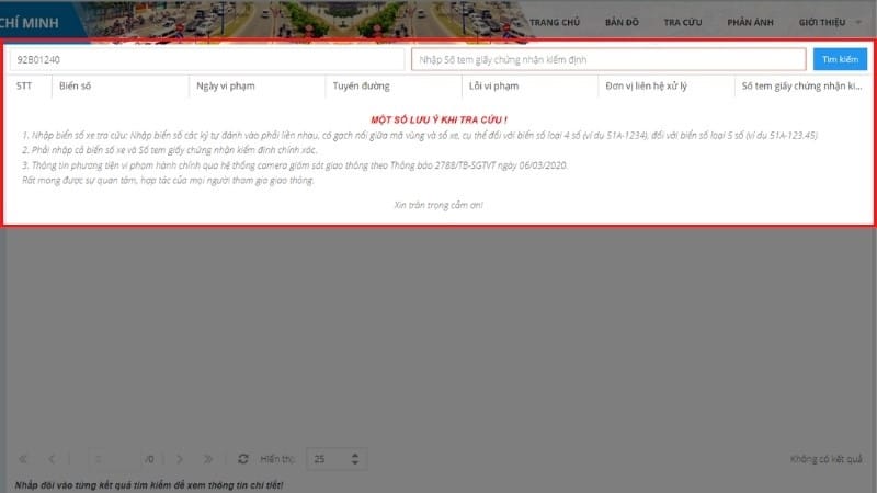 Tra cứu phạt nguội ô tô tại website của Sở Giao thông Vận tải địa phương
