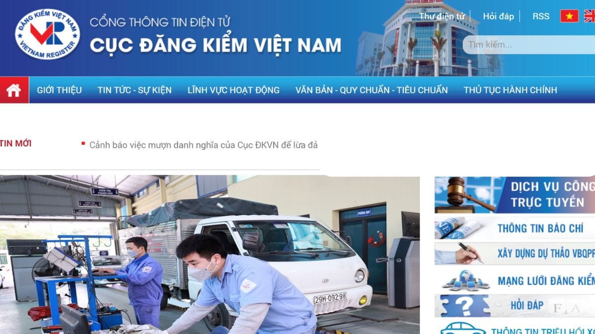 Trang web Cục Đăng kiểm Việt Nam để tra cứu biển số định danh Hà Nội.