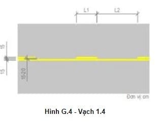 Vạch kẻ đường 1.4, gồm một nét liền và một nét đứt màu vàng, hướng dẫn lưu thông