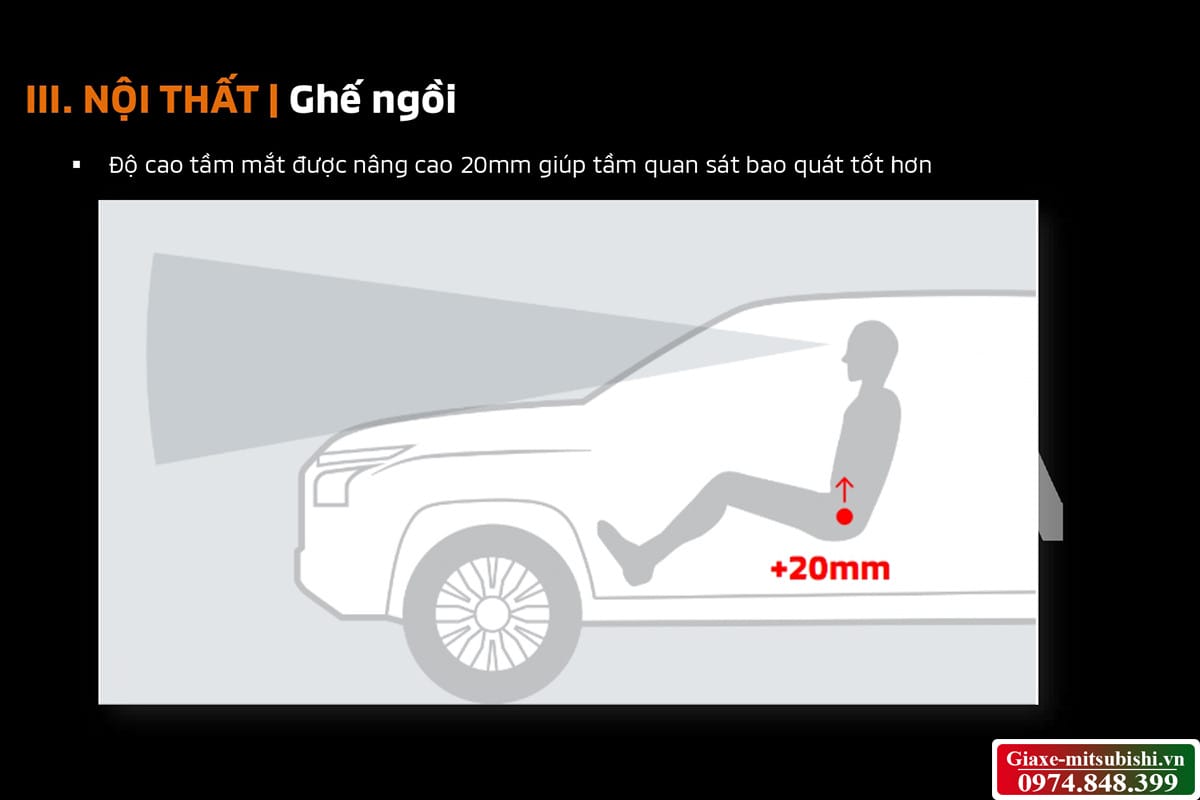 Vị trí ghế lái được nâng cao 20mm cho tầm nhìn tốt hơn trên Triton 2025