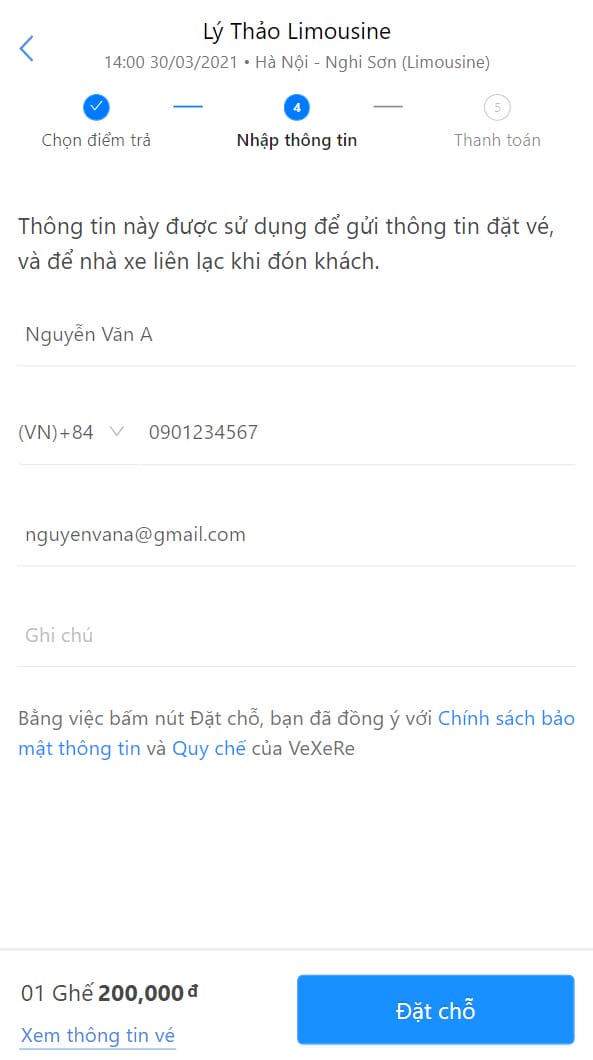 Xác nhận thông tin đặt vé thành công của nhà xe Lý Thảo