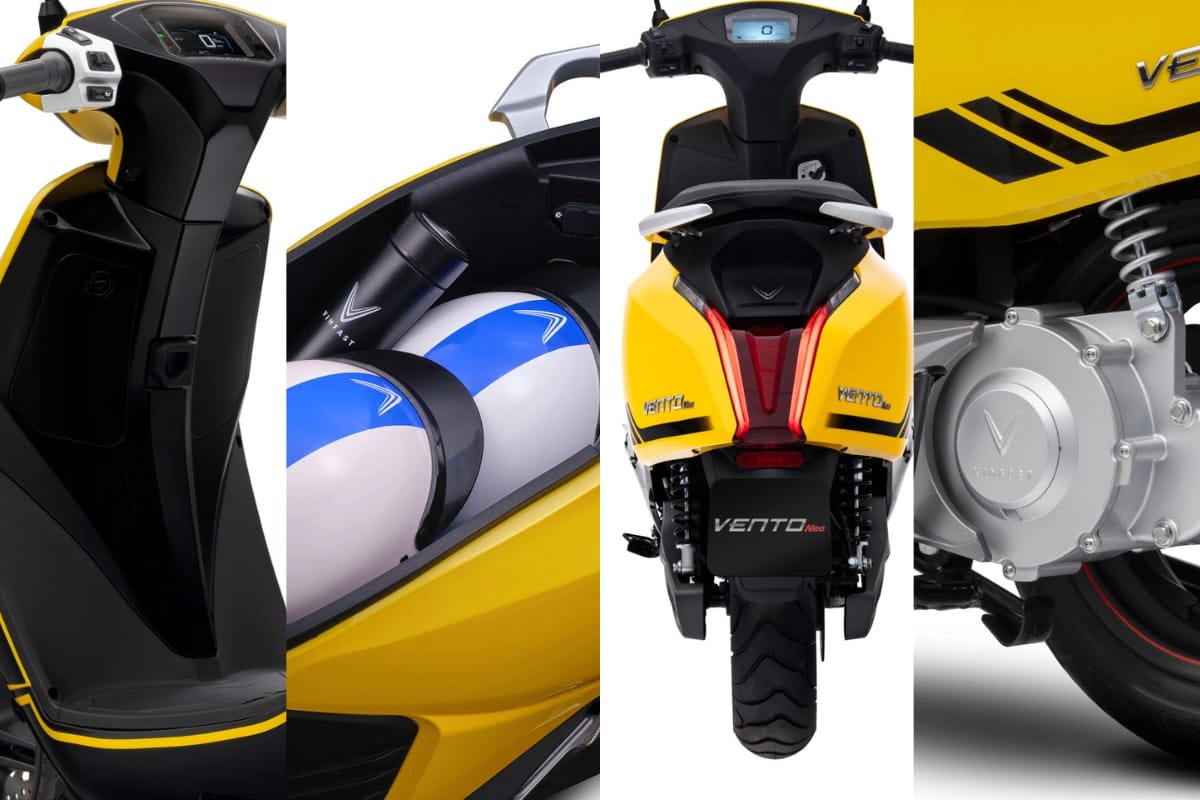 Xe máy điện VinFast Vento Neo màu trắng ngọc trai đang di chuyển trên đường