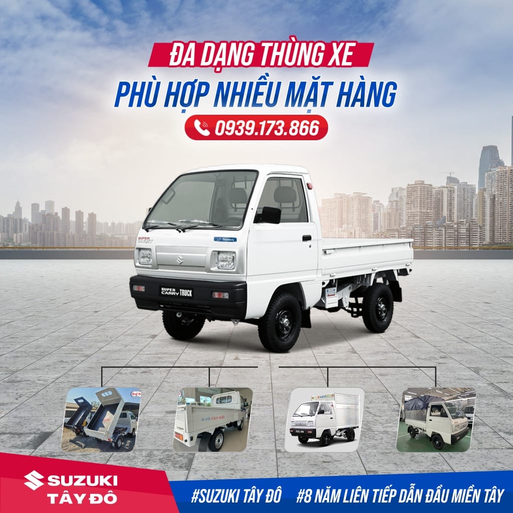 Xe tải Suzuki Carry Truck di chuyển linh hoạt trên đường phố đô thị, thể hiện ưu điểm về kích thước nhỏ gọn của xe tải nhẹ Suzuki.
