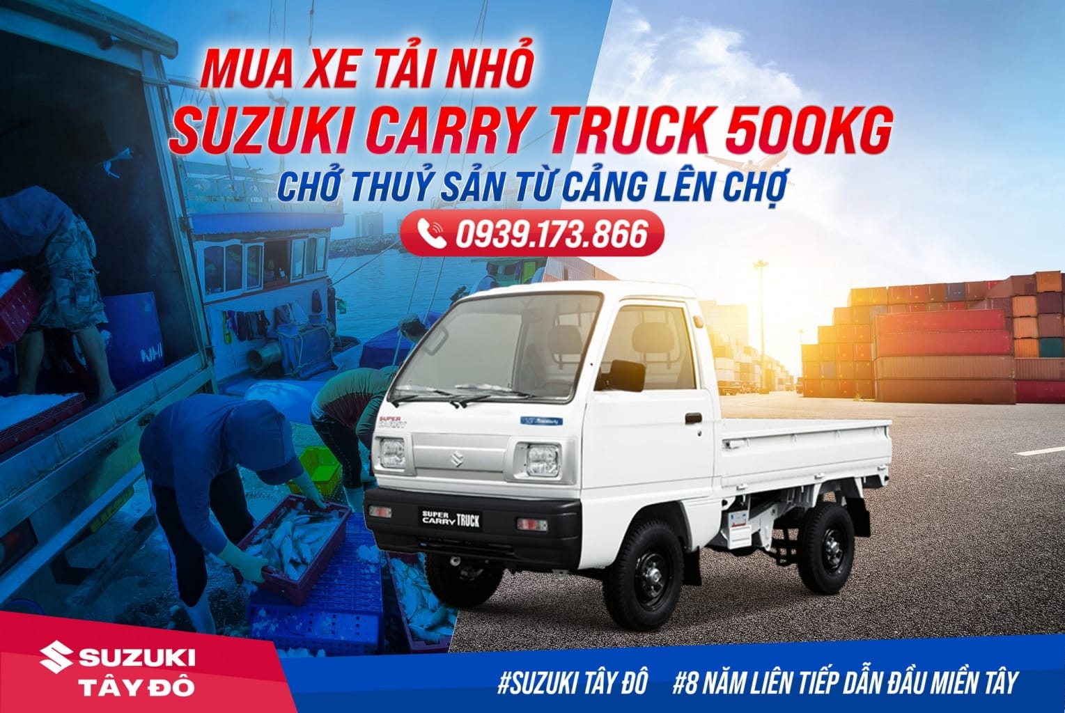 Xe tải Suzuki Carry Truck thùng lửng màu trắng đang di chuyển, nhấn mạnh khả năng chuyên chở linh hoạt của xe tải Suzuki.