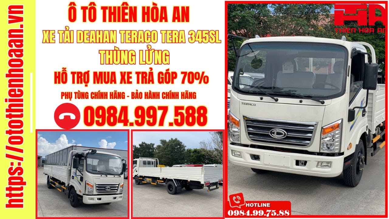Xe tải thùng lửng Tera 345SL màu trắng, góc nhìn tổng thể