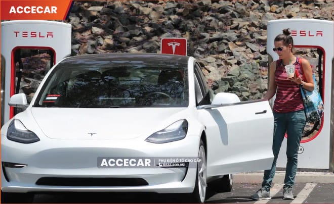 Xe Tesla màu đen trên con đường cao tốc